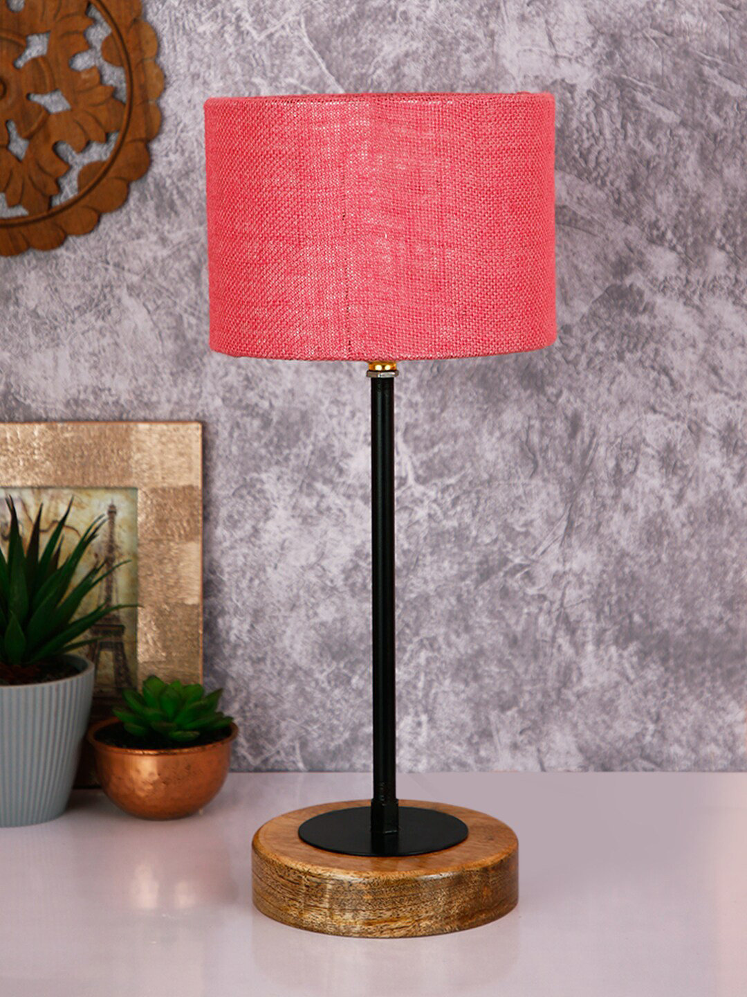 Devansh Drum Pink Jute Shade Table Lamp with Wood Base