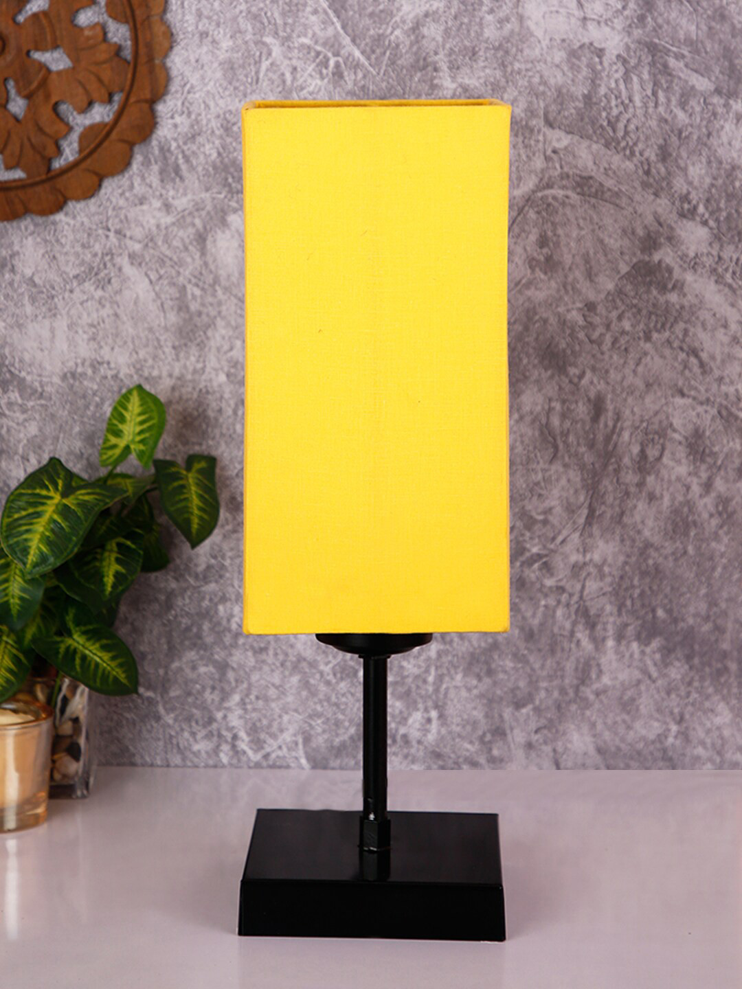 Devansh Yellow Square Cotton Shade Table Lamp with Iron Base