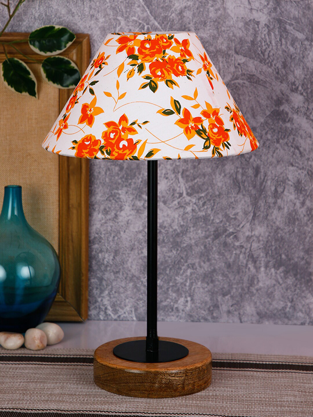 Devansh White  & Black Floral Printed Table Lap With Shade