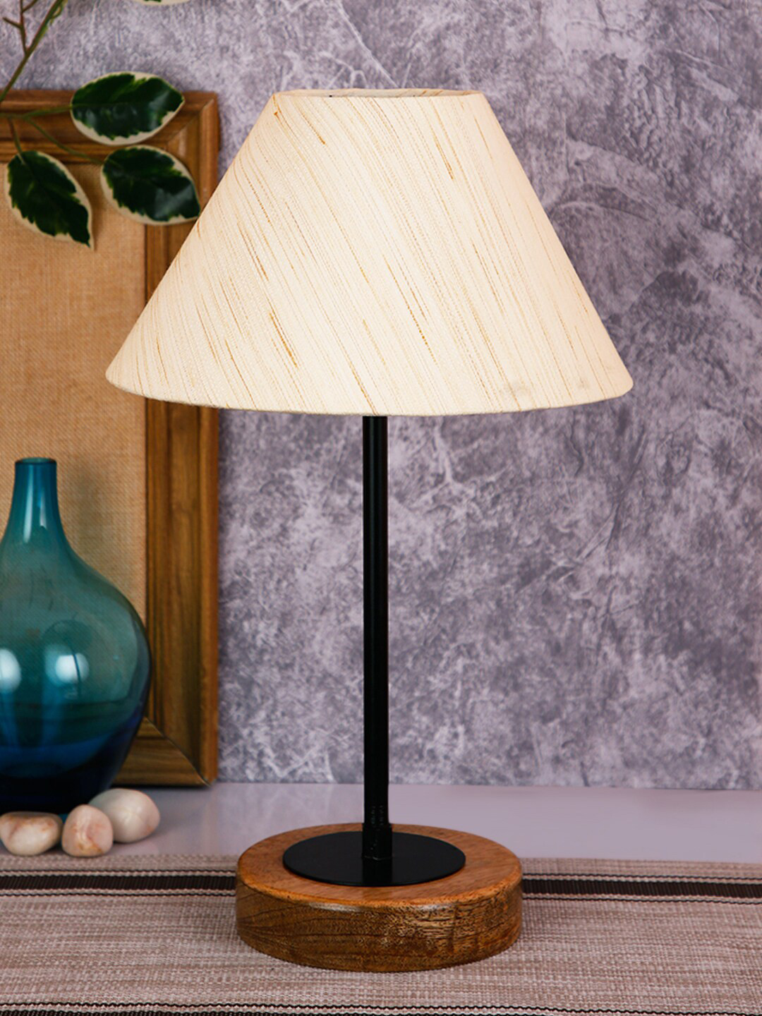Devansh Off White Cotton Shade Table Lamp with Wood Base