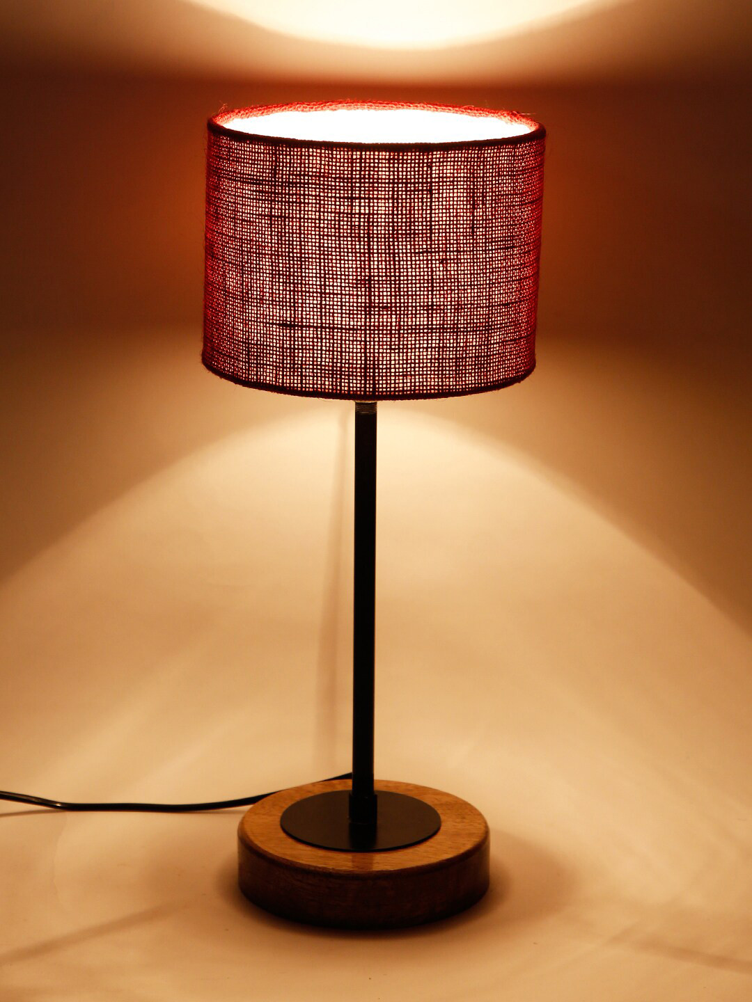Devansh Drum Maroon Jute Shade Table Lamp with Wood Base