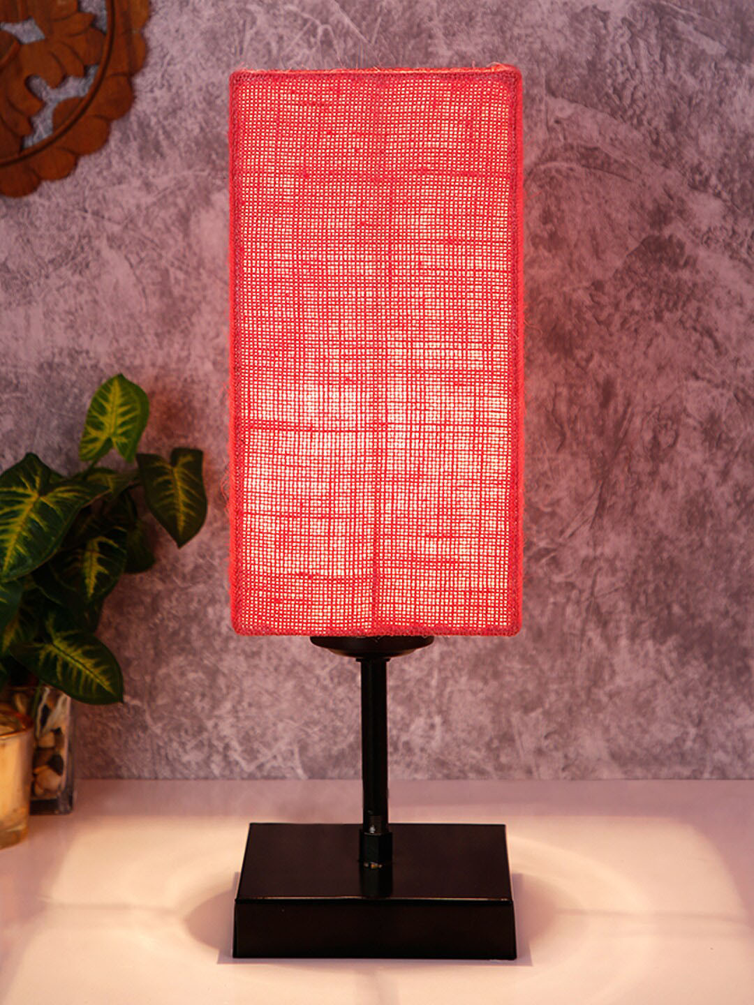 Devansh Square Pink Jute Shade Table Lamp with Iron Base