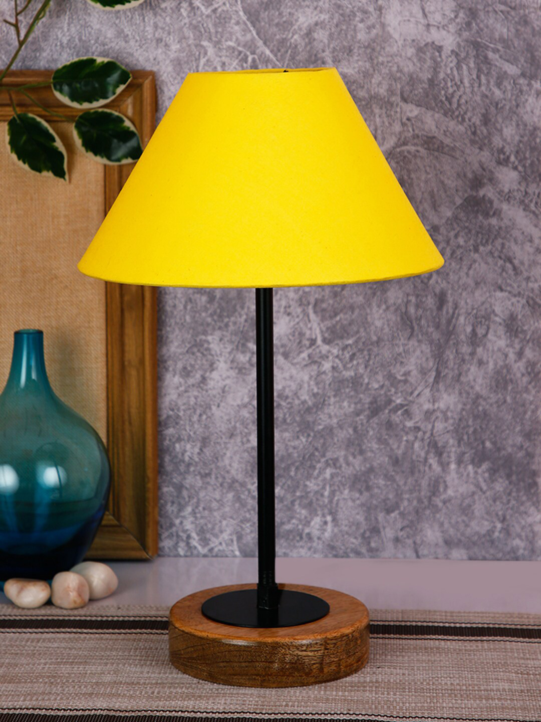 Devansh Yellow Conical Cotton Shade Table Lamp with Wood Base