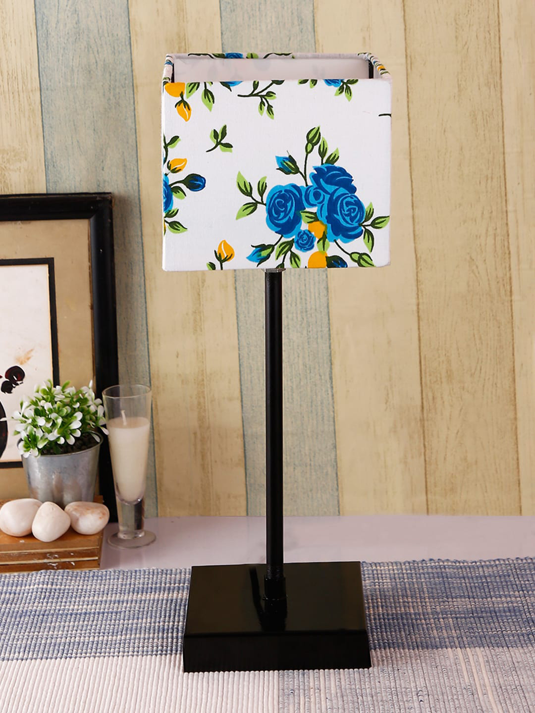 Devansh Square Multicolor Cotton Shade Table Lamp with Iron Base