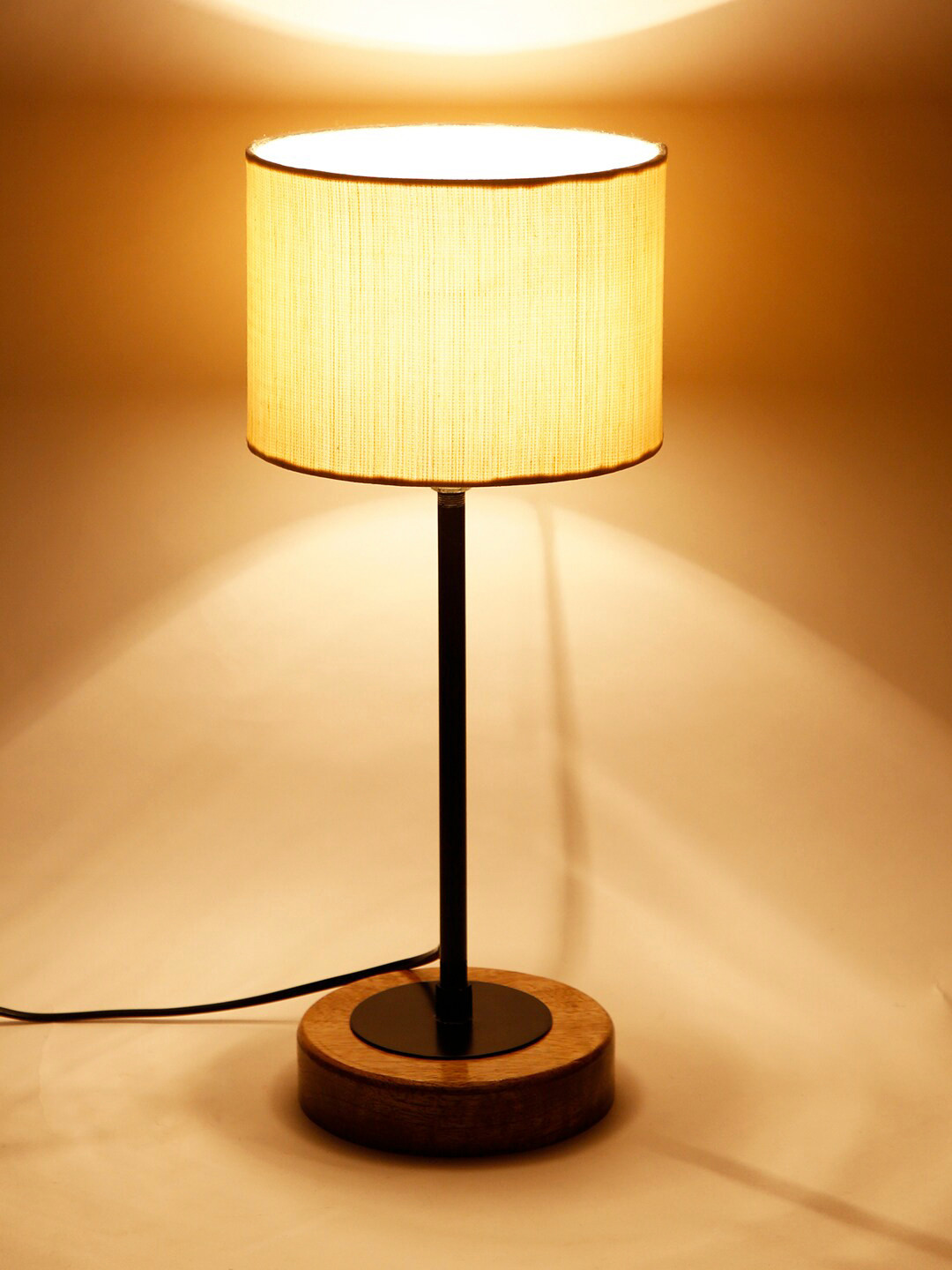 Devansh Drum Off White Cotton Shade Table Lamp with Wood Base