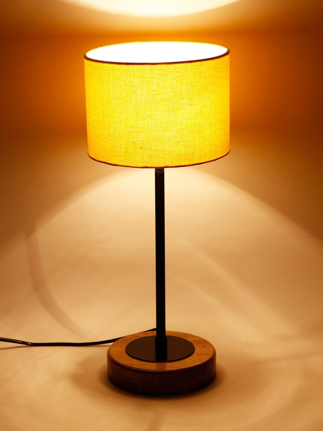 Devansh Drum Yellow Cotton Shade Table Lamp with Wood Base