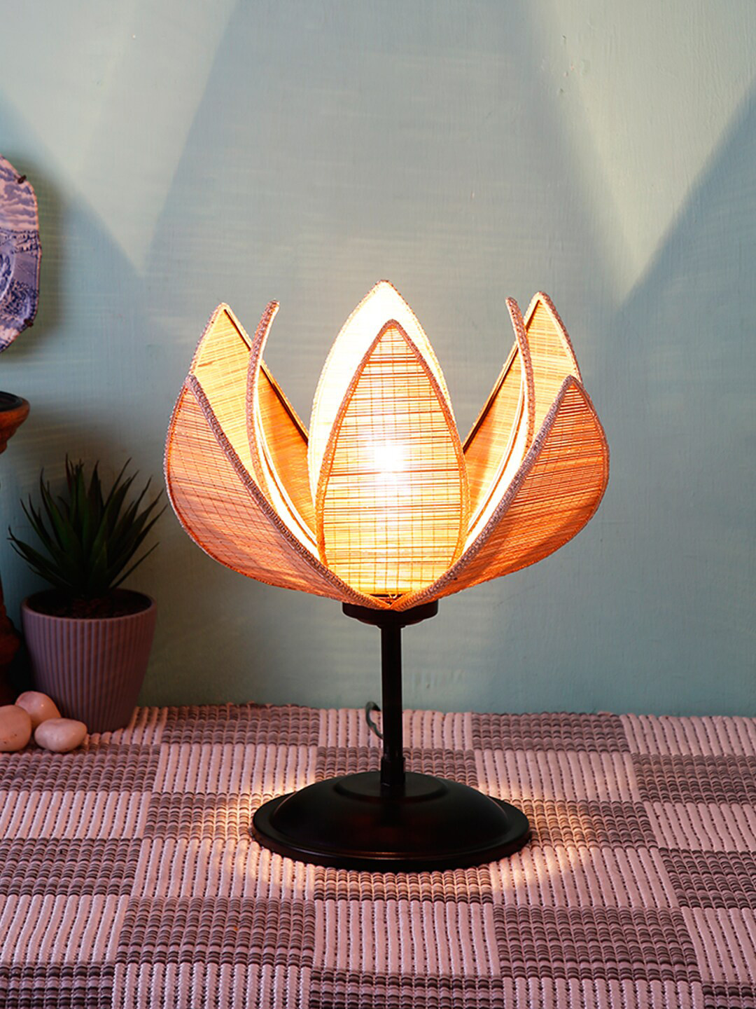 Devansh Rose Bamboo Shade Table Lamp with Black Base