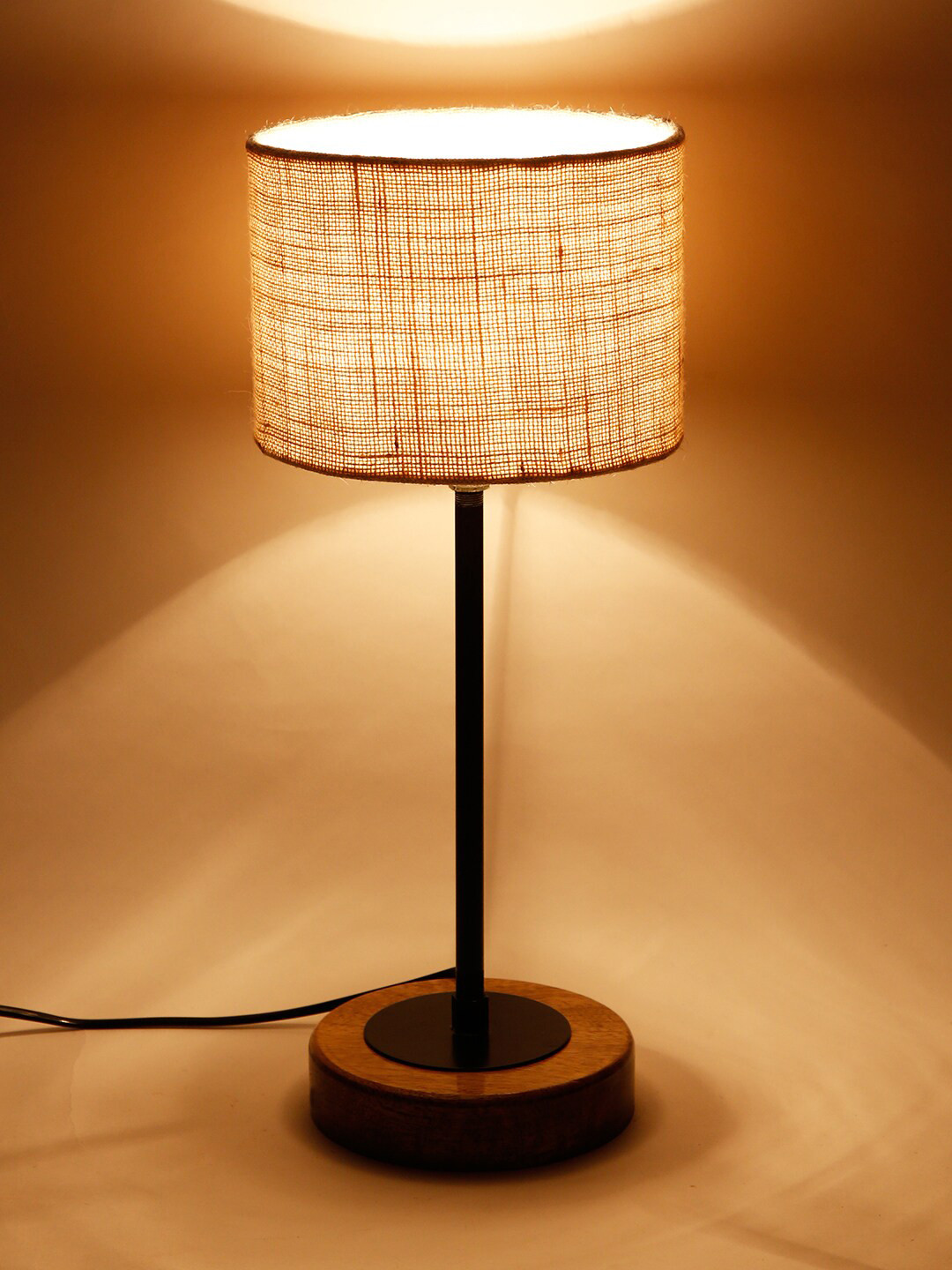 Devansh Drum White Jute Shade Table Lamp with Wood Base