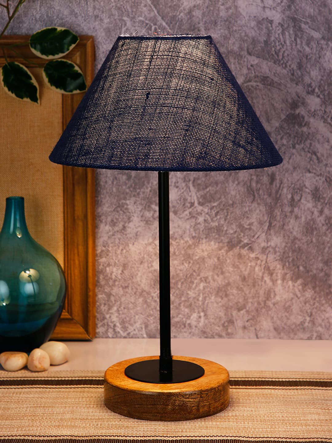 Devansh Blue Jute Shade Table Lamp with Wood Base