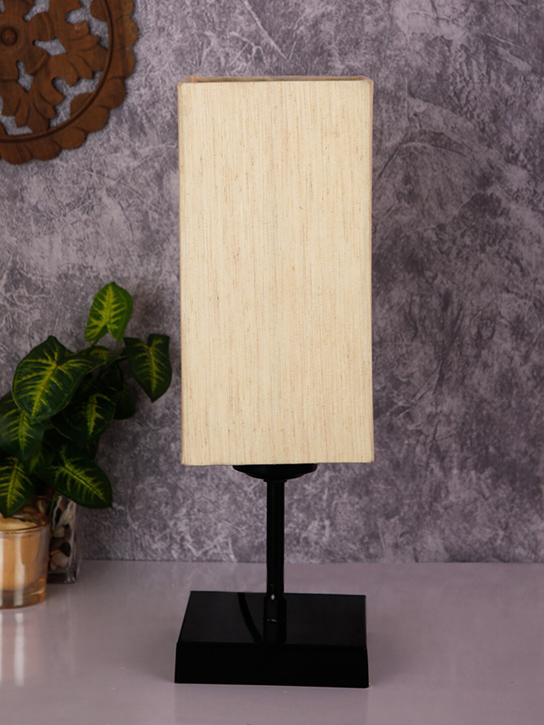 Devansh Off White Rectangle Cotton Shade Table Lamp with Iron Base