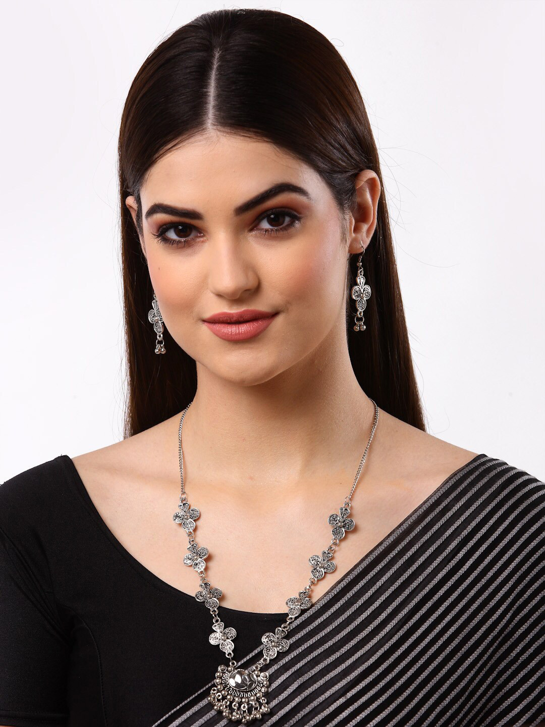 Arrabi Oxidised Metallic-Toned & White Stones-Studded & Beaded Jewellery Set