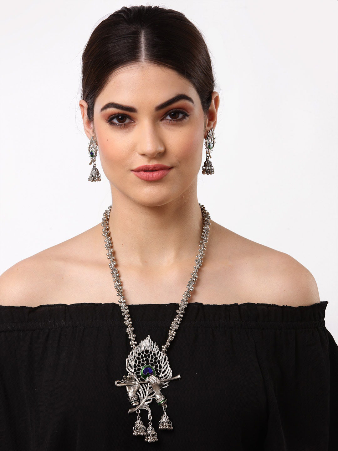 Arrabi Oxidised Metallic-Coloured & Blue Jewellery Set