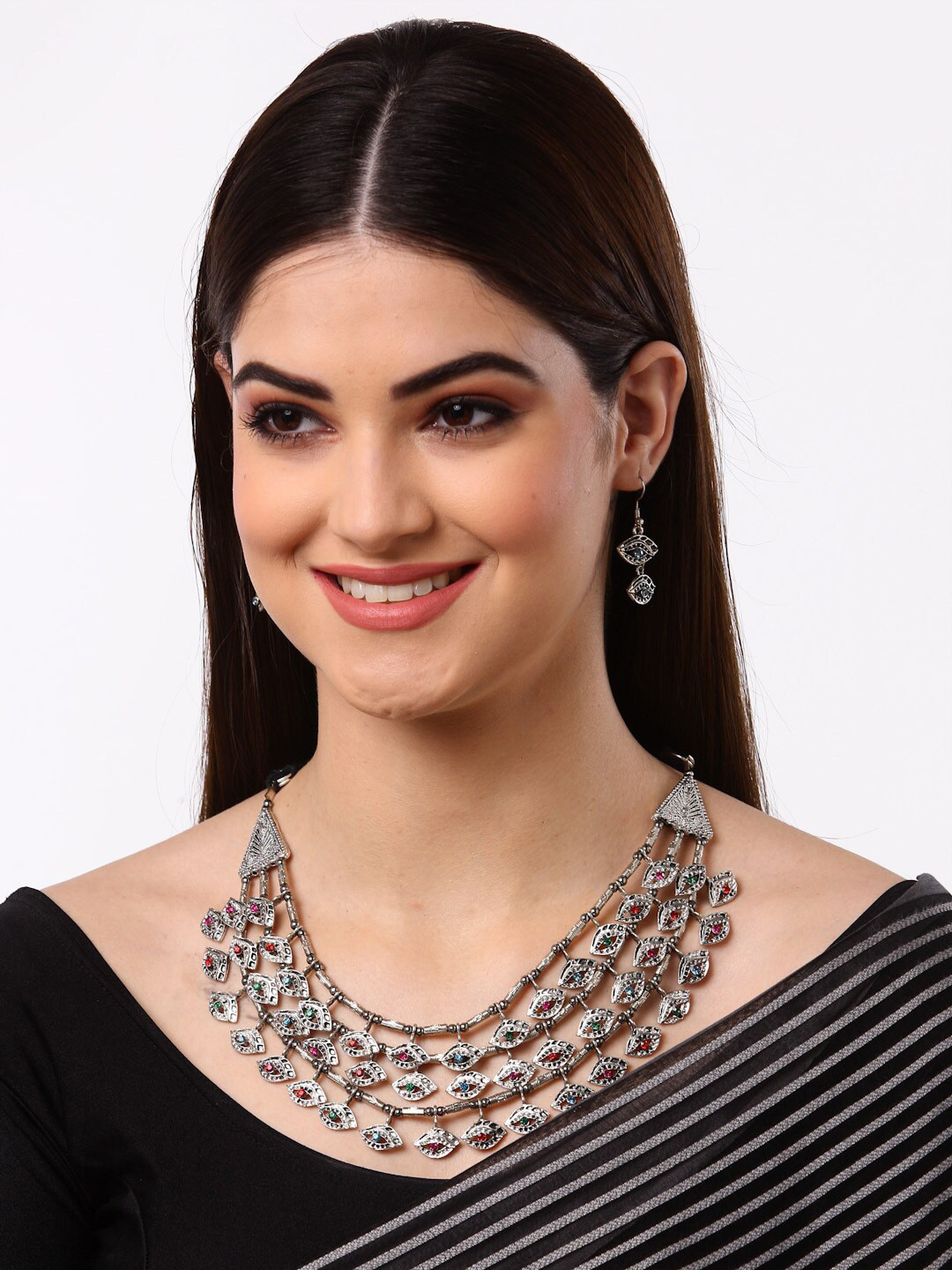 Arrabi Oxidised Metallic-Coloured & Multi-Coloured Stone-Studded Jewellery Set