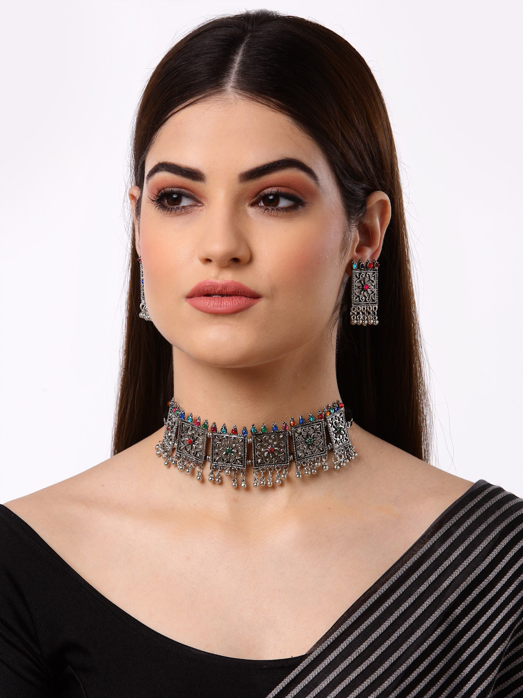 Arrabi Oxidised Silver-Toned & Multi-Coloured Stone-Studded Jewellery Set