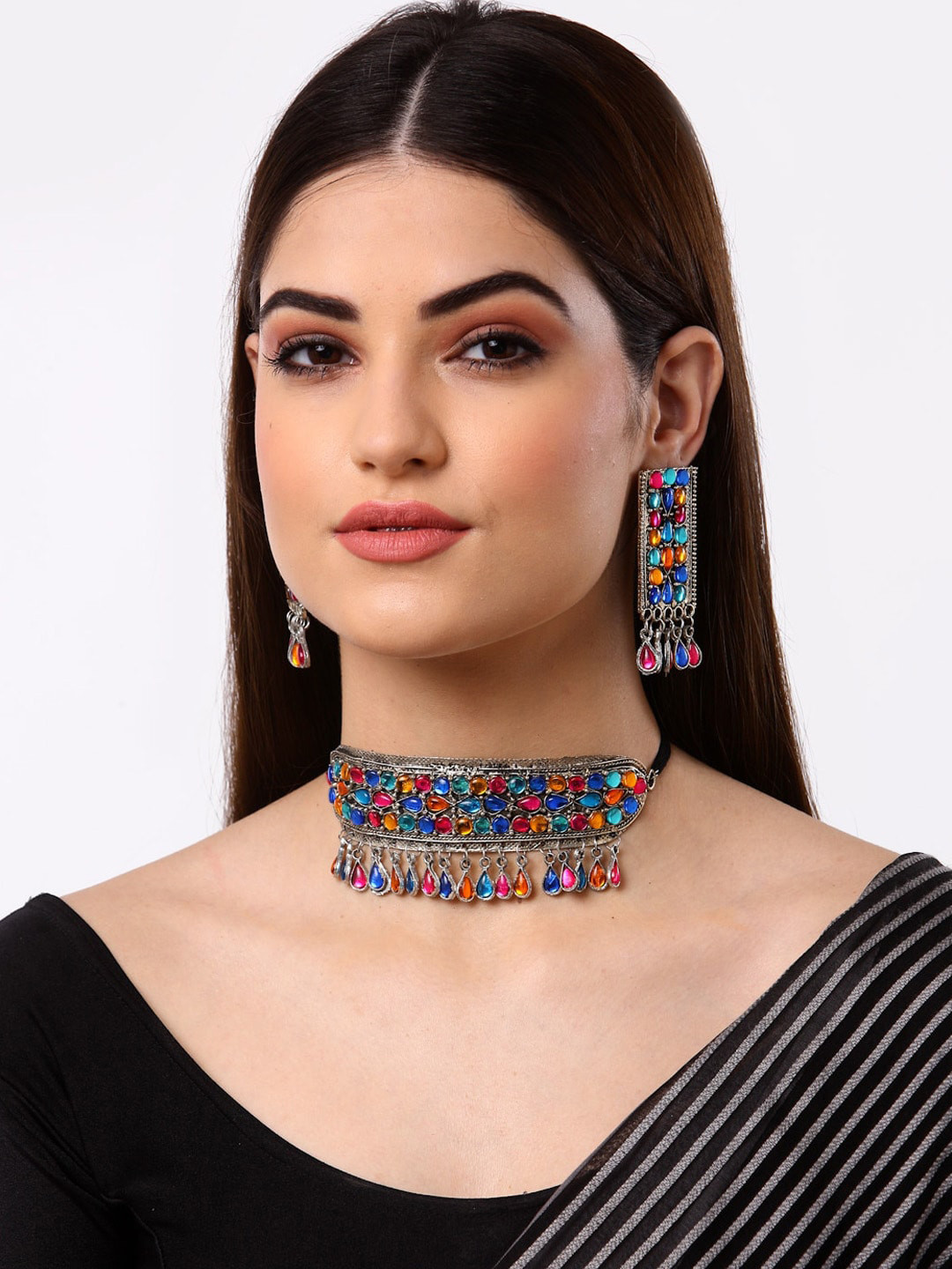 Arrabi Oxidised Silver-Toned Multi-Coloured Stone-Studded & Beaded Jewellery Set