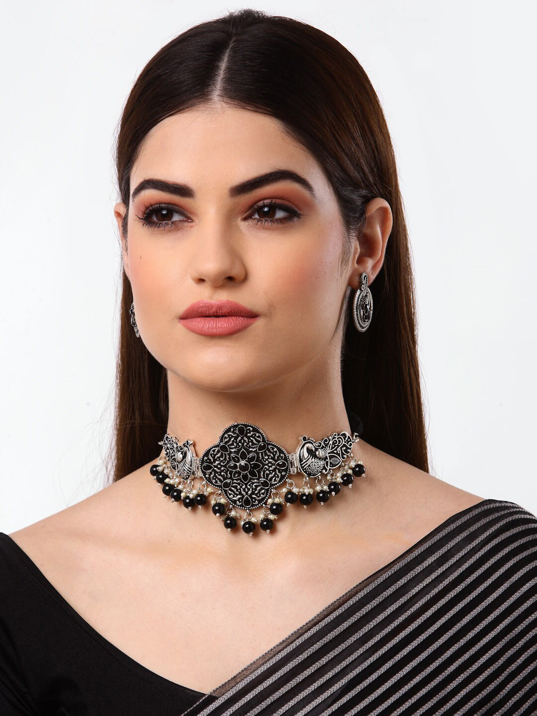 Arrabi Oxidised Metalic-Toned & Black Stone Studded & Beaded Jewellery Set