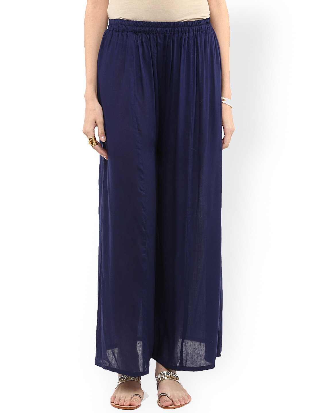 Pannkh Women Navy Solid Flared Fit Palazzo Trousers