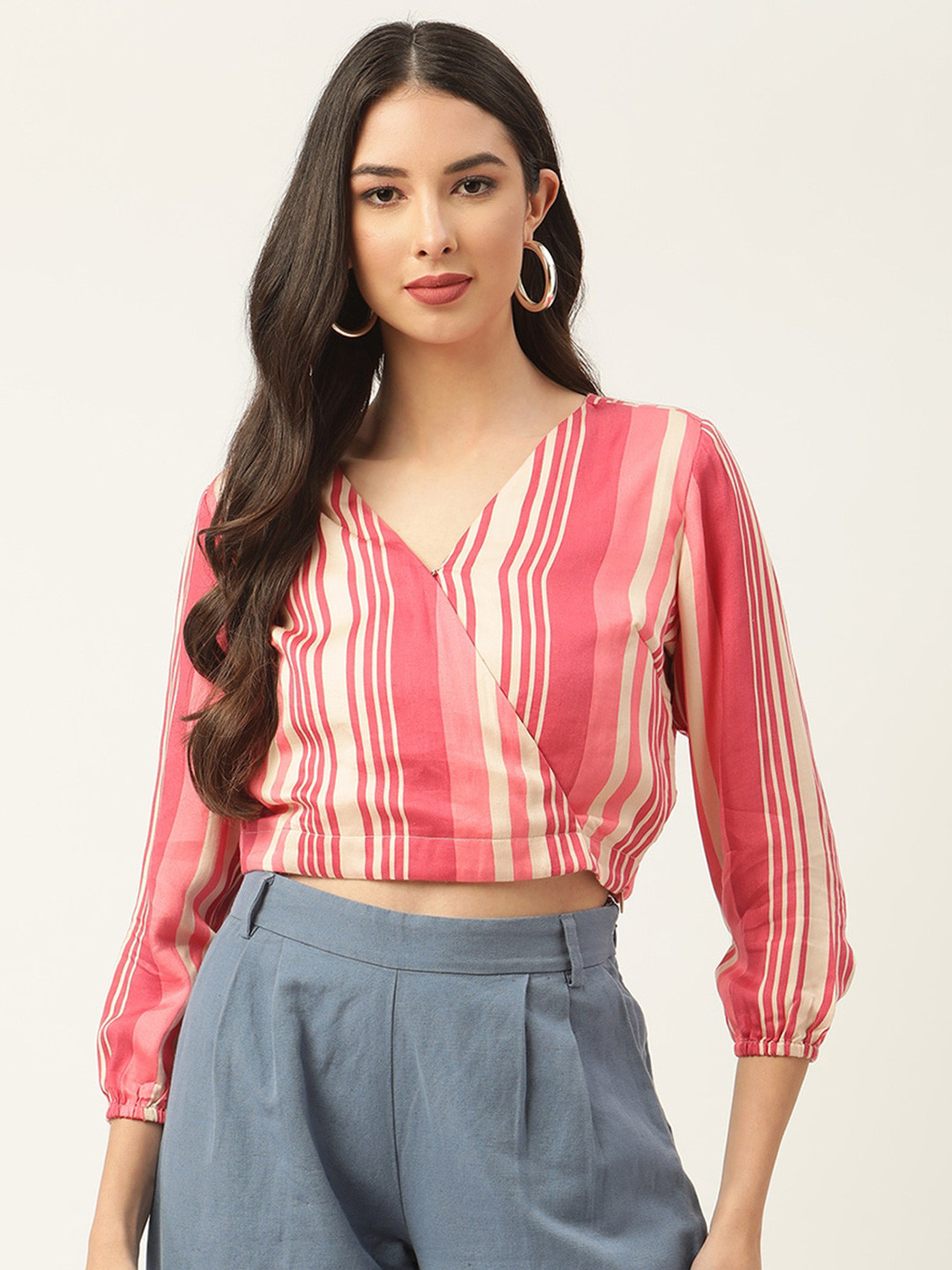 ROOTED Red Striped Wrap Crop Top