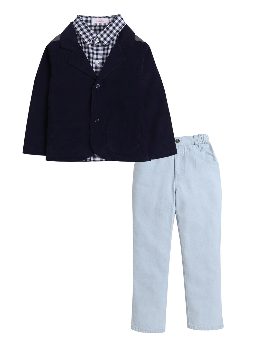 Hopscotch Boys Navy Blue & White Checked Shirt with Trousers & Jacket