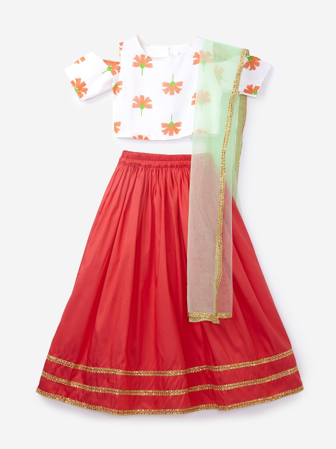 K&U Girls Coral & White Floral printed Ready to Wear Lehenga Choli with Dupatta
