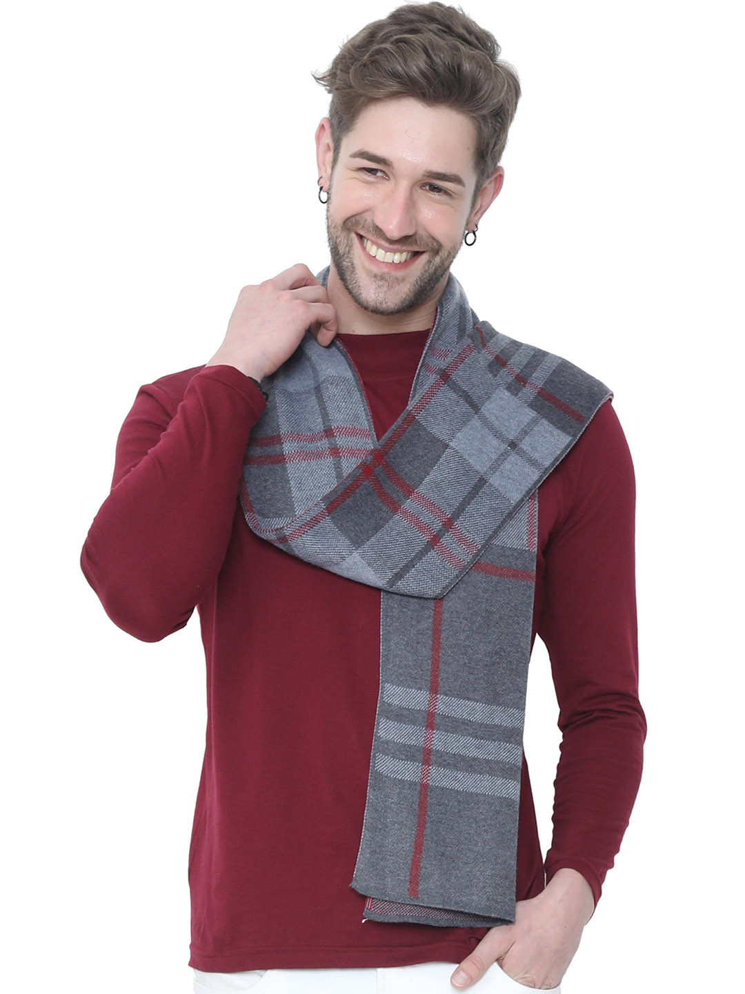 FabSeasons Unisex Grey & Red Checked Muffler