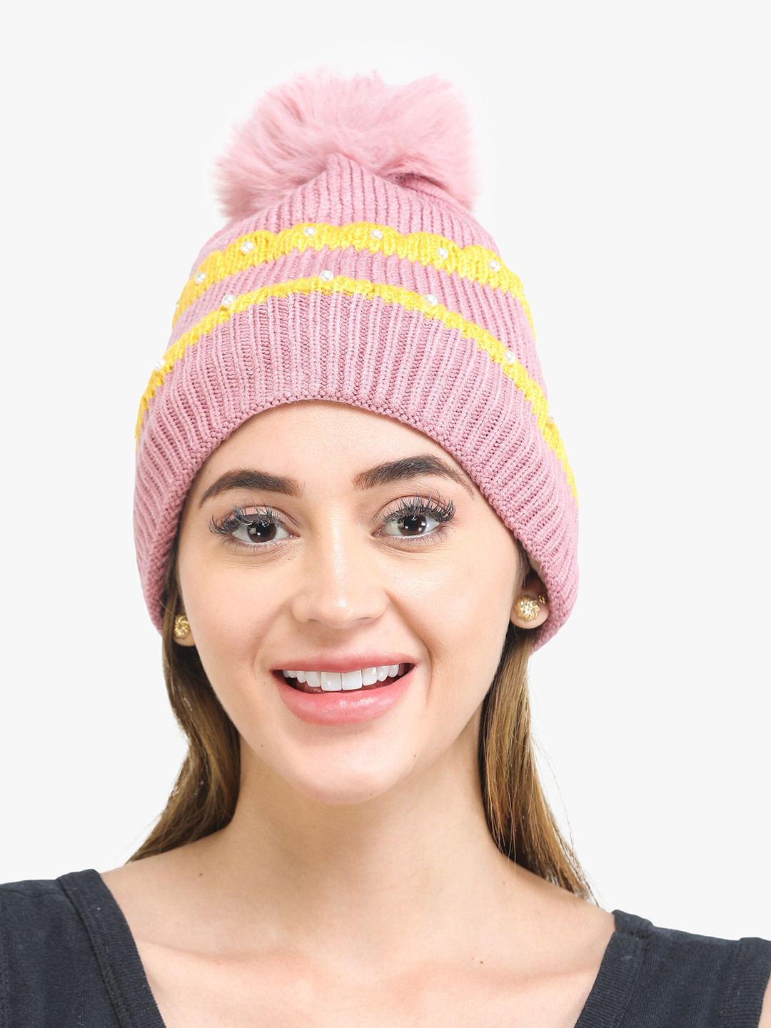 ELLIS Women Pink & Yellow Beanie