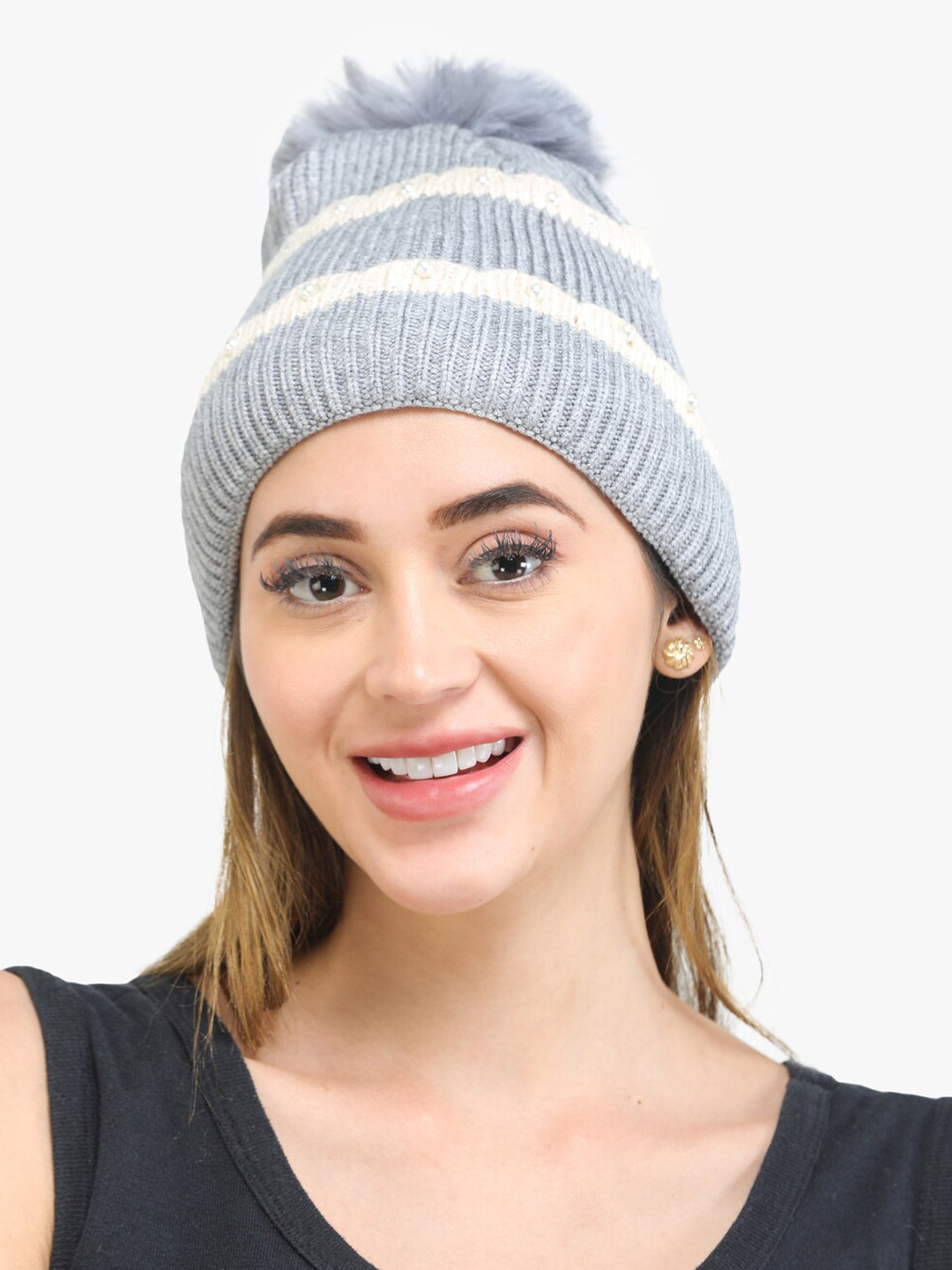 ELLIS Women Grey & White Acrylic Beanie