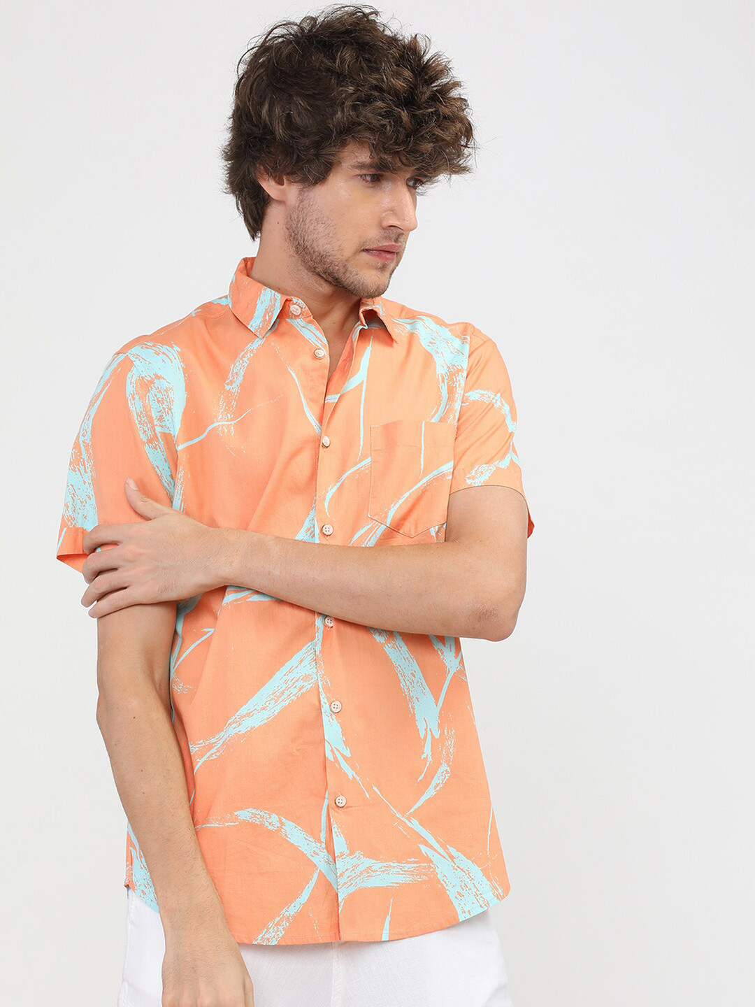 HIGHLANDER Men Orange Slim Fit Printed Casual Shirt