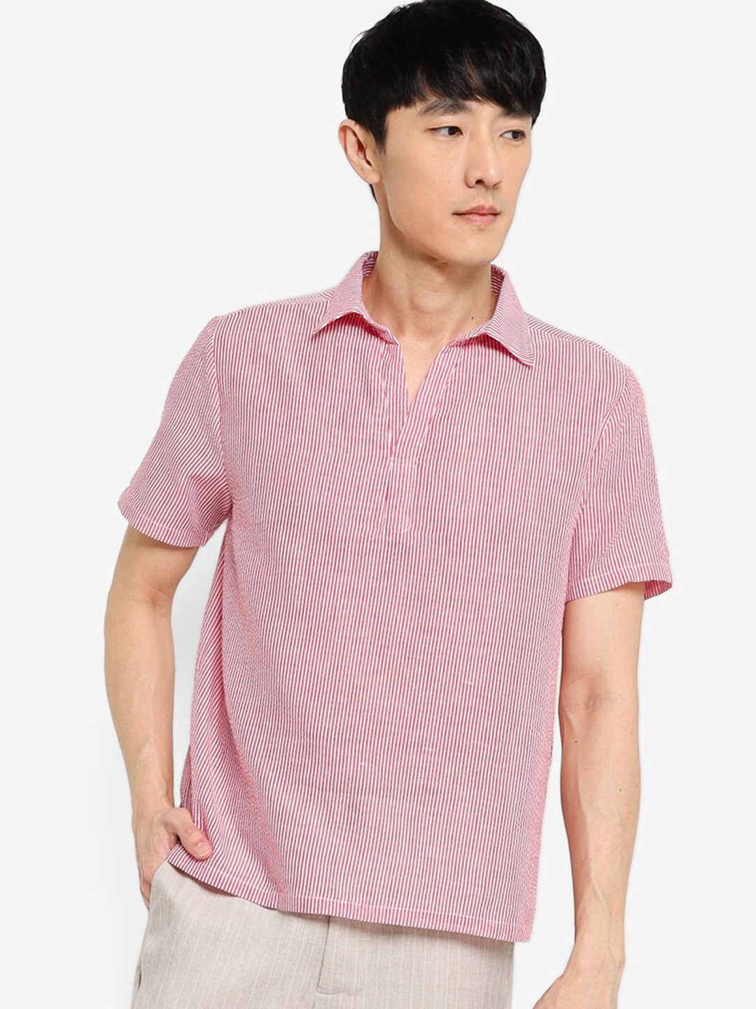 ZALORA BASICS Men Red Striped Pure Cotton Casual Shirt