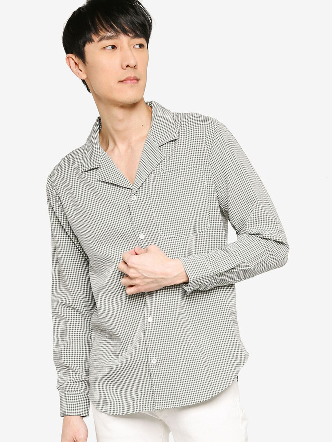 ZALORA BASICS Men Grey Gingham Checks Checked Casual Shirt