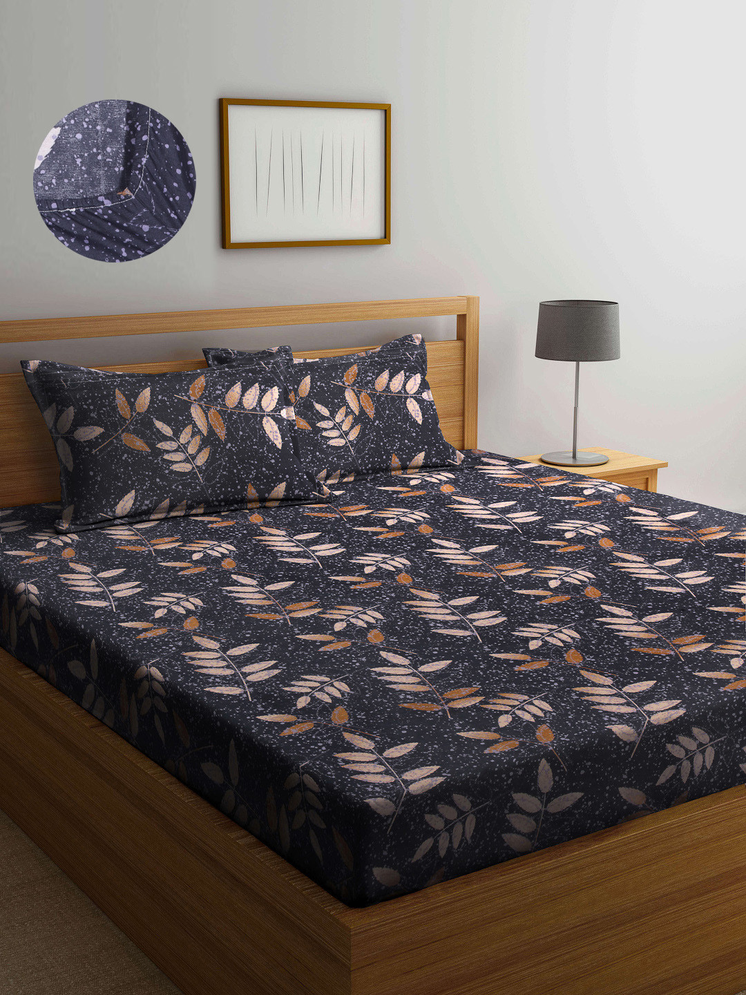 Arrabi Black Leaf Polycotton 300 TC Fitted King Fine Bedsheet with 2 Pillow Covers-98 x 87 inches