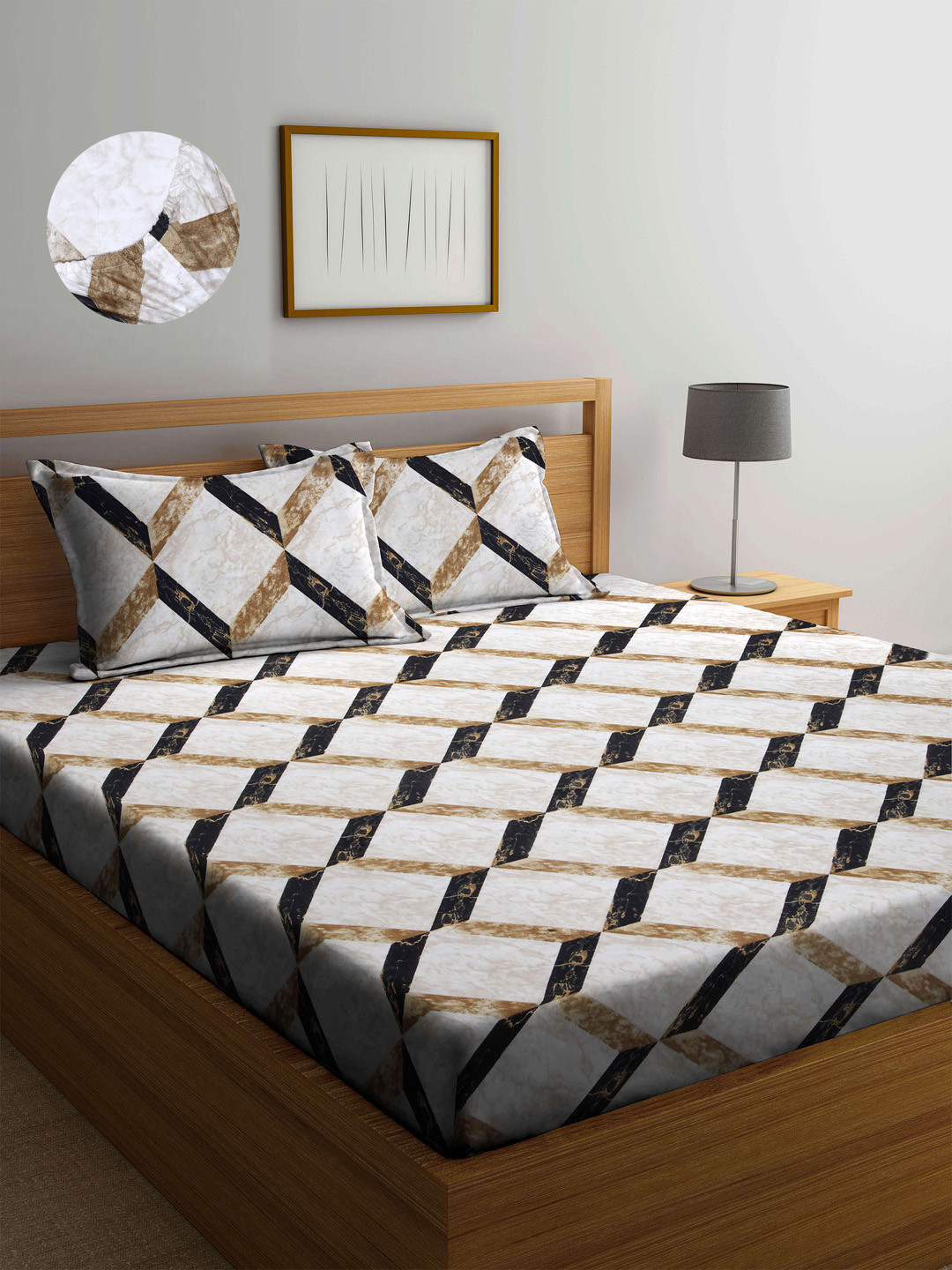 Arrabi Taupe Geometric Polycotton 300 TC Fitted King Fine Bedsheet with 2 Pillow Covers-98 x 87 inches