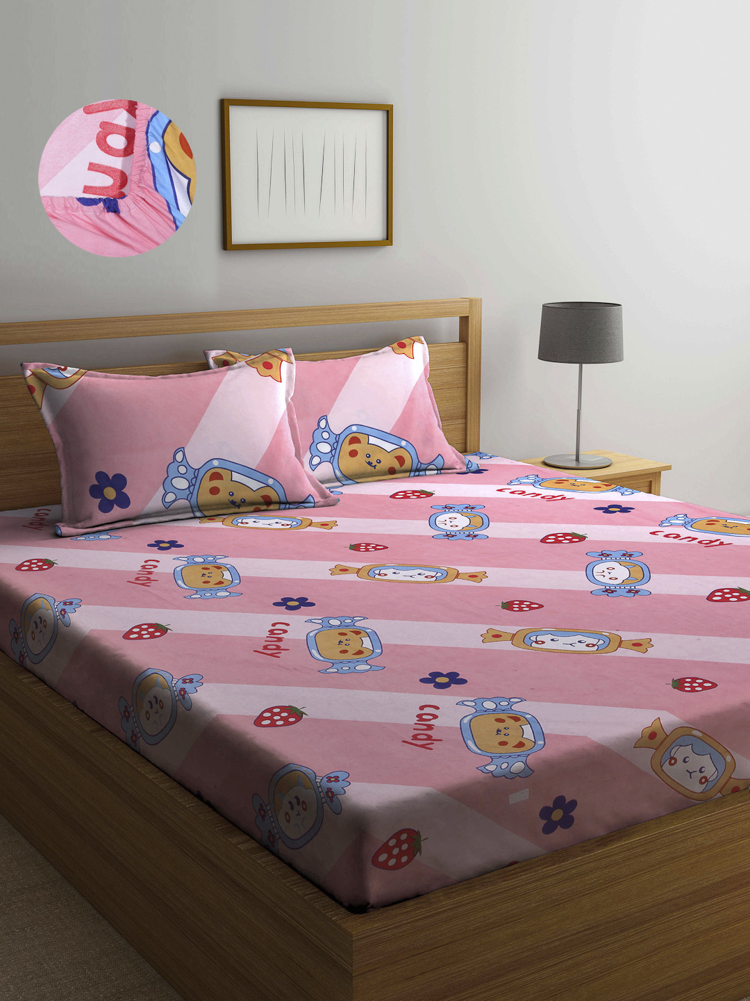 Arrabi Majestic Pink Graphic Polycotton 300 TC Fitted King Fine Bedsheet with 2 Pillow Covers-98 x 108 inches