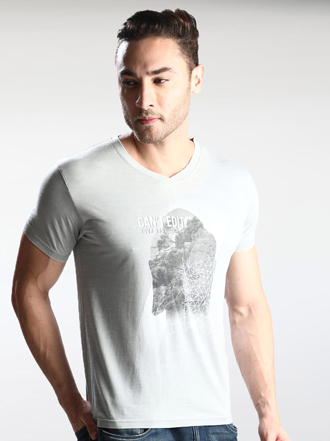 Dream of Glory Inc Men Beige Printed V-Neck Raw Edge Outdoor T-shirt