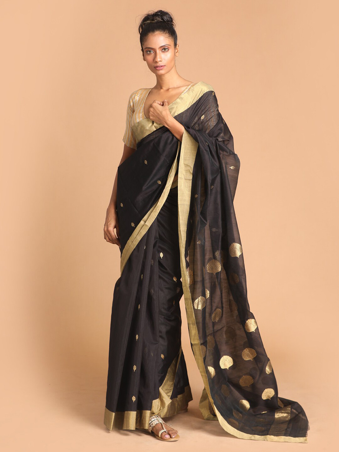 Indethnic Black & Gold-Toned Ethnic Motifs Chanderi Silk Cotton Saree