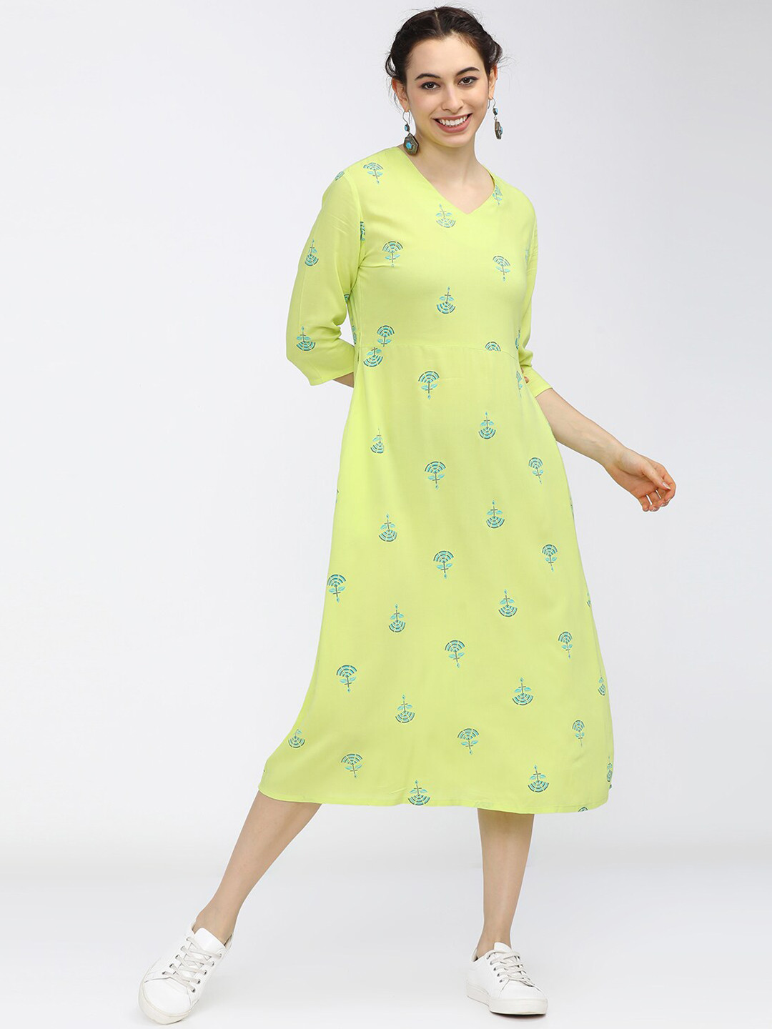 Vishudh Lime Green Ethnic A-Line Midi Dress