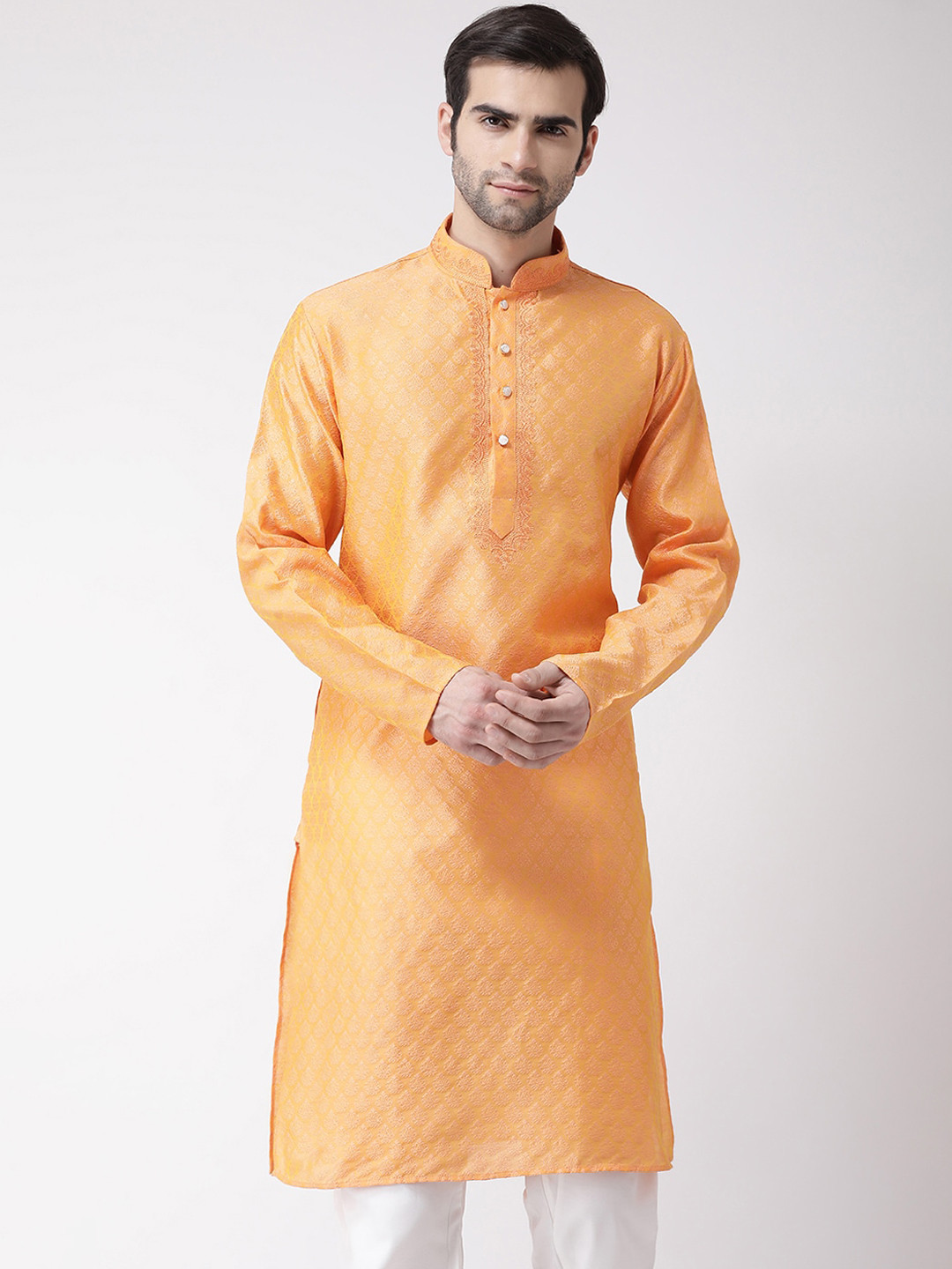 SG LEMAN Men Orange Woven Design Thread Work Kurta