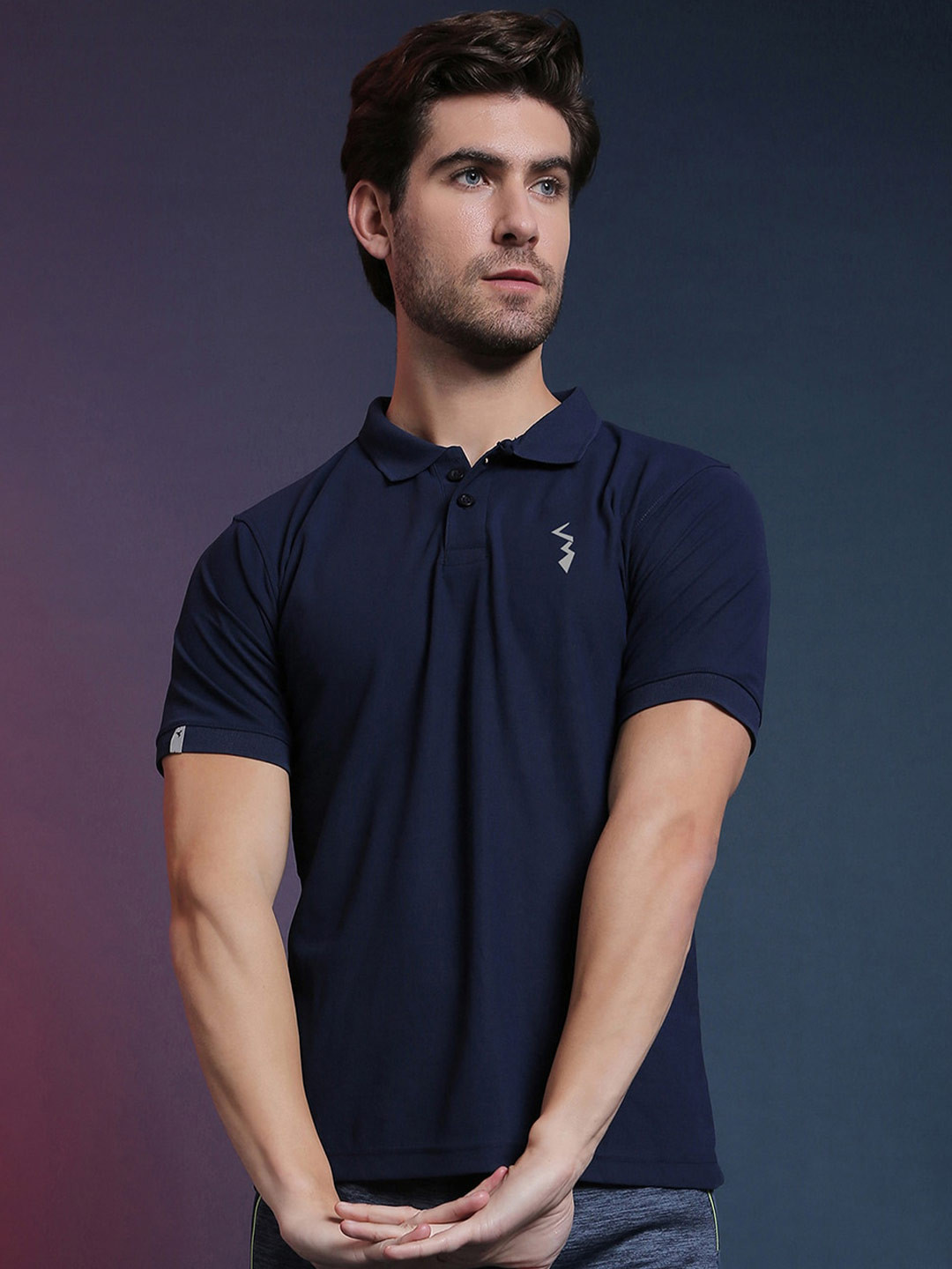 CAHOOT Men Navy Blue Polo Collar Dri-FIT Applique Running T-shirt