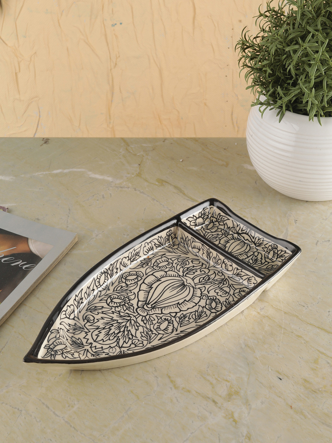 VarEesha Off White Printed Ceramic Boat Shaped Serving Dish