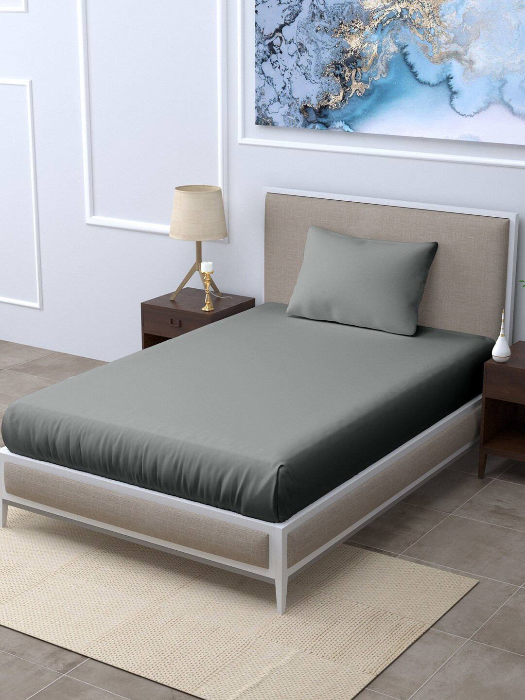 LINENWALAS Happy Sleeping Grey Cotton Anti-Microbial 300 TC Single Fine Bedsheet with a Pillow Cover-60 x 90 inches