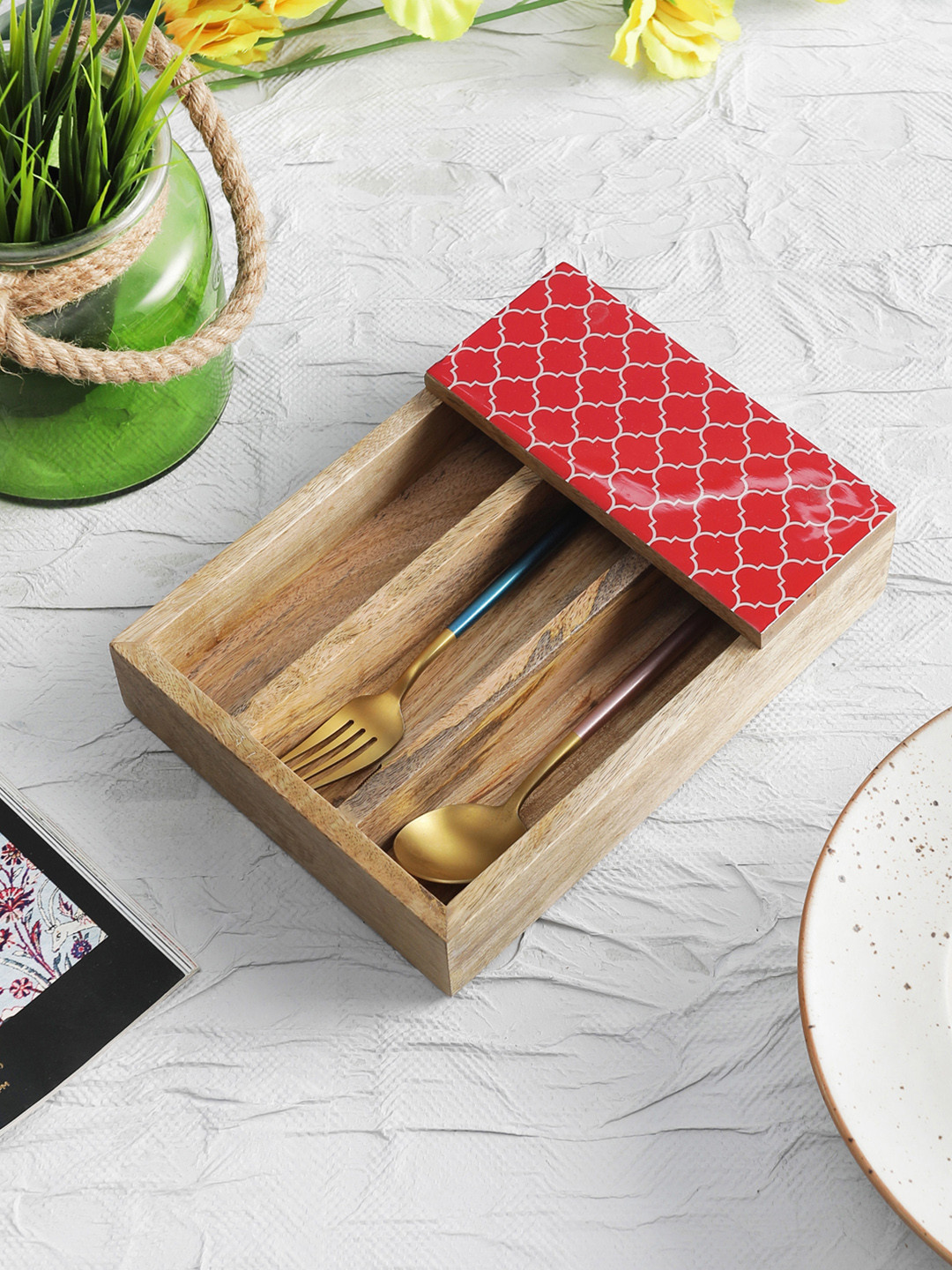 VarEesha Red & Brown Hand-made Mango Wood Cutlery Holder
