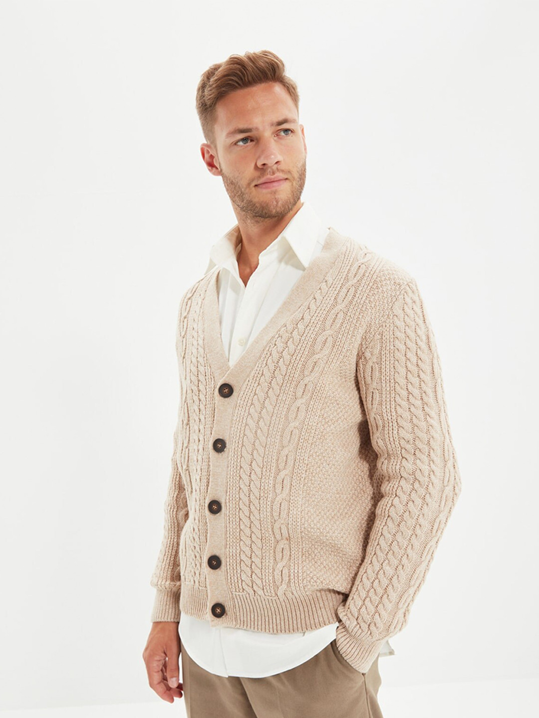 Trendyol Men Beige Cable Knit Cardigan