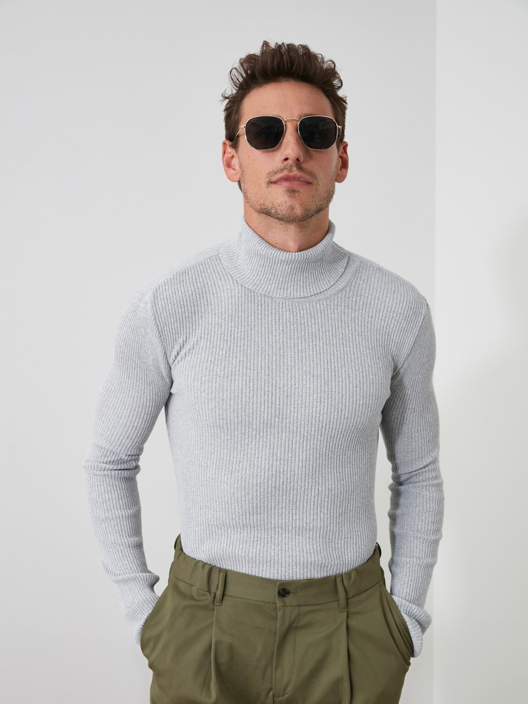 Trendyol Men Grey Ribbed Cotton Pullover
