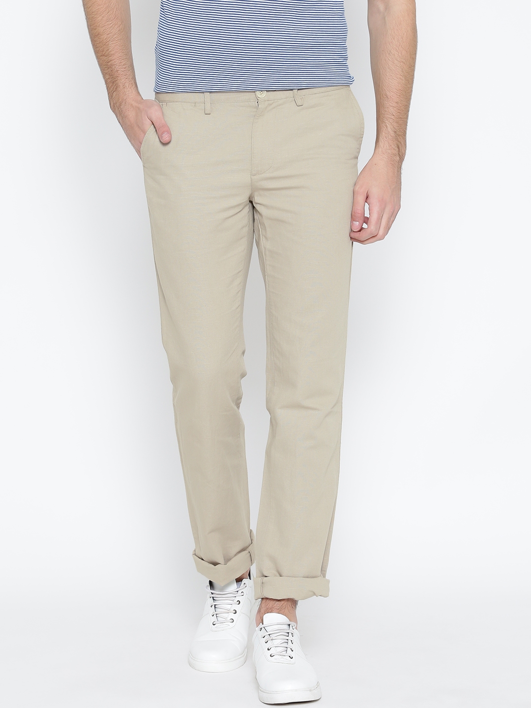 Buy Indian Terrain Men Beige Solid Kankas Fit Flat Front Trousers  Trousers  for Men 1648520  Myntra