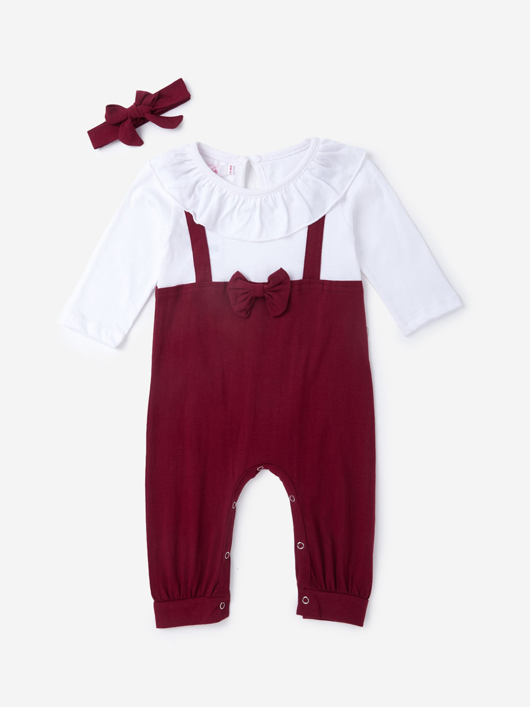 Hopscotch Girls Maroon & White Solid Rompers