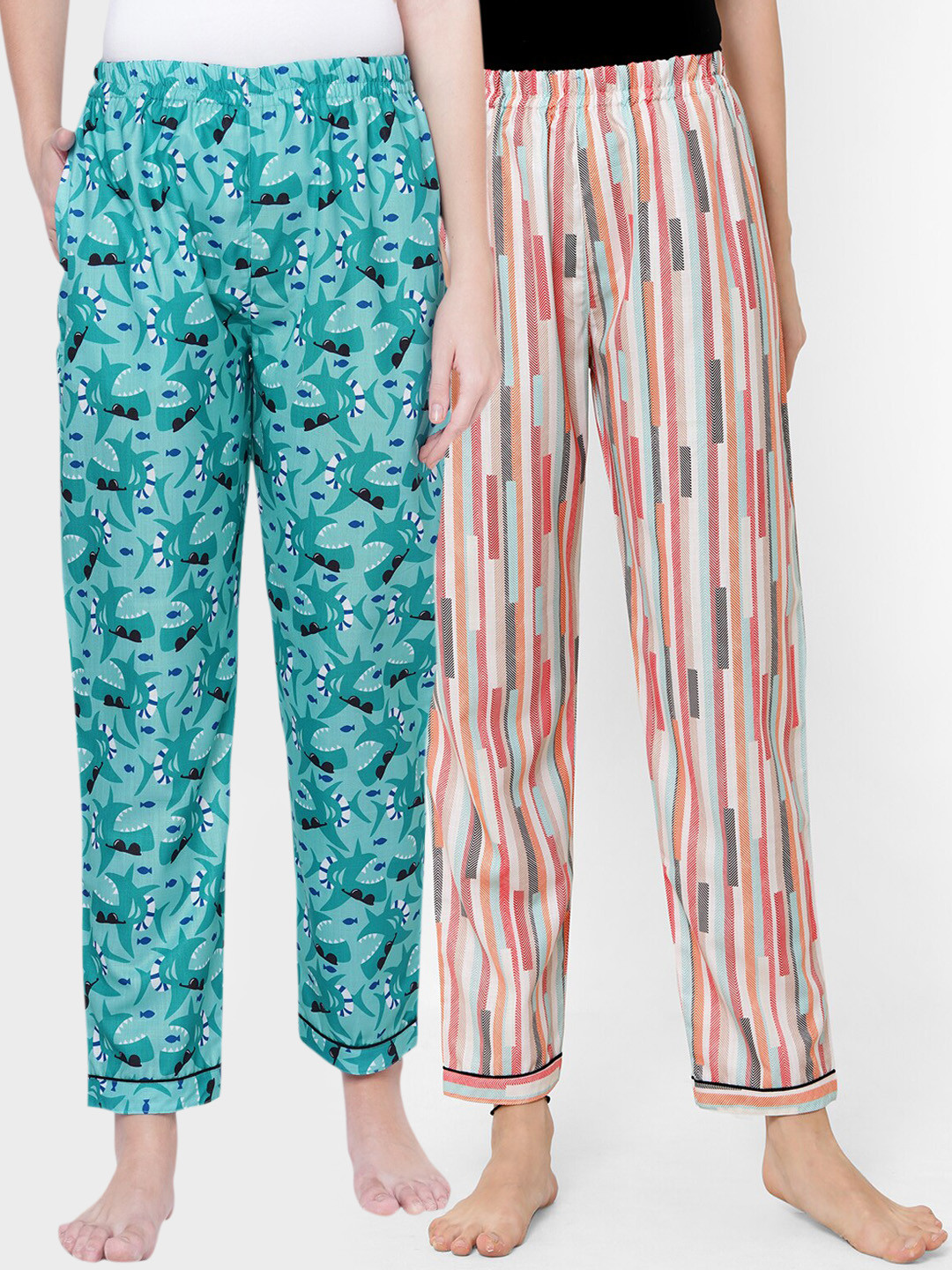 FashionRack Woman Pack of 2 Green & Multi Striped Lounge Pant