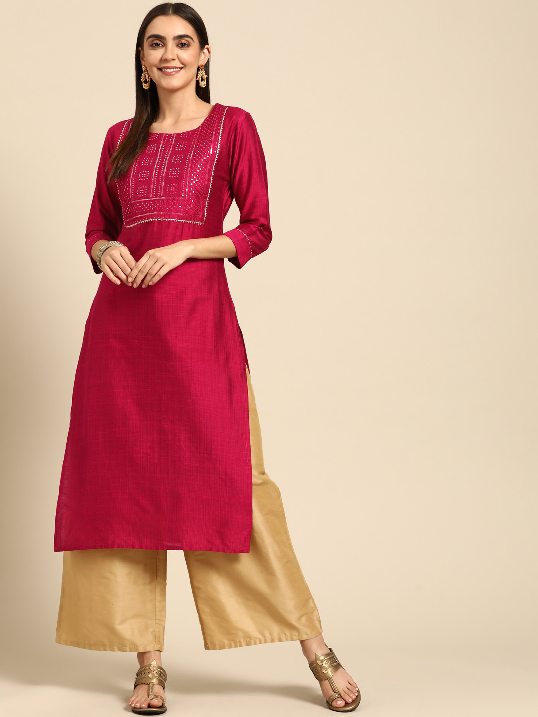 FASHOR Women Magenta & Gold-Toned Sequin Embellished Kurta