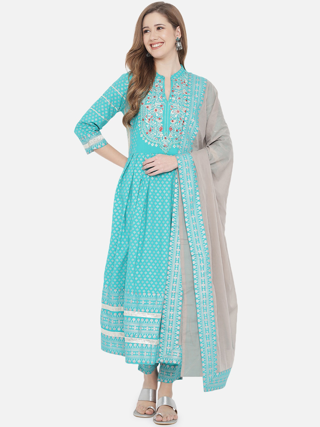 Prakhya Women Blue Pure Cotton Kurta with Trousers & With Dupatta