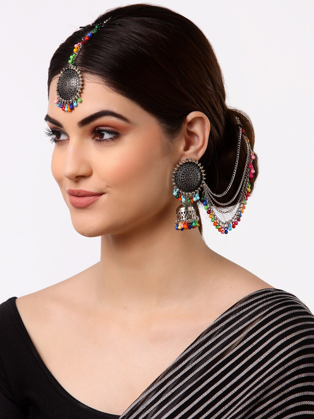 Arrabi Silver Plated & Multicolored Oxidised Maang Tika & Earrings Set