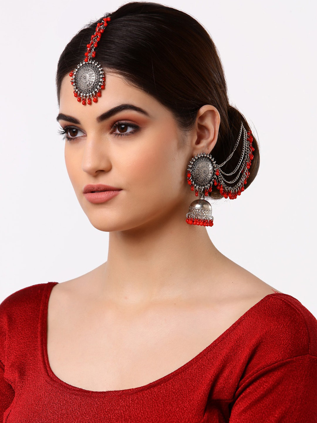 Arrabi Red Oxidised Kundan Studded Maang Tika & Earrings Set